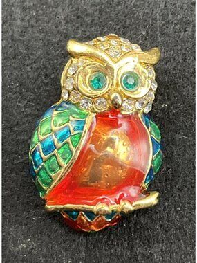 Vintage Owl on Branch Brooch Pin Gold Tone Enamel Rhinestone Eyes 1.5" Long